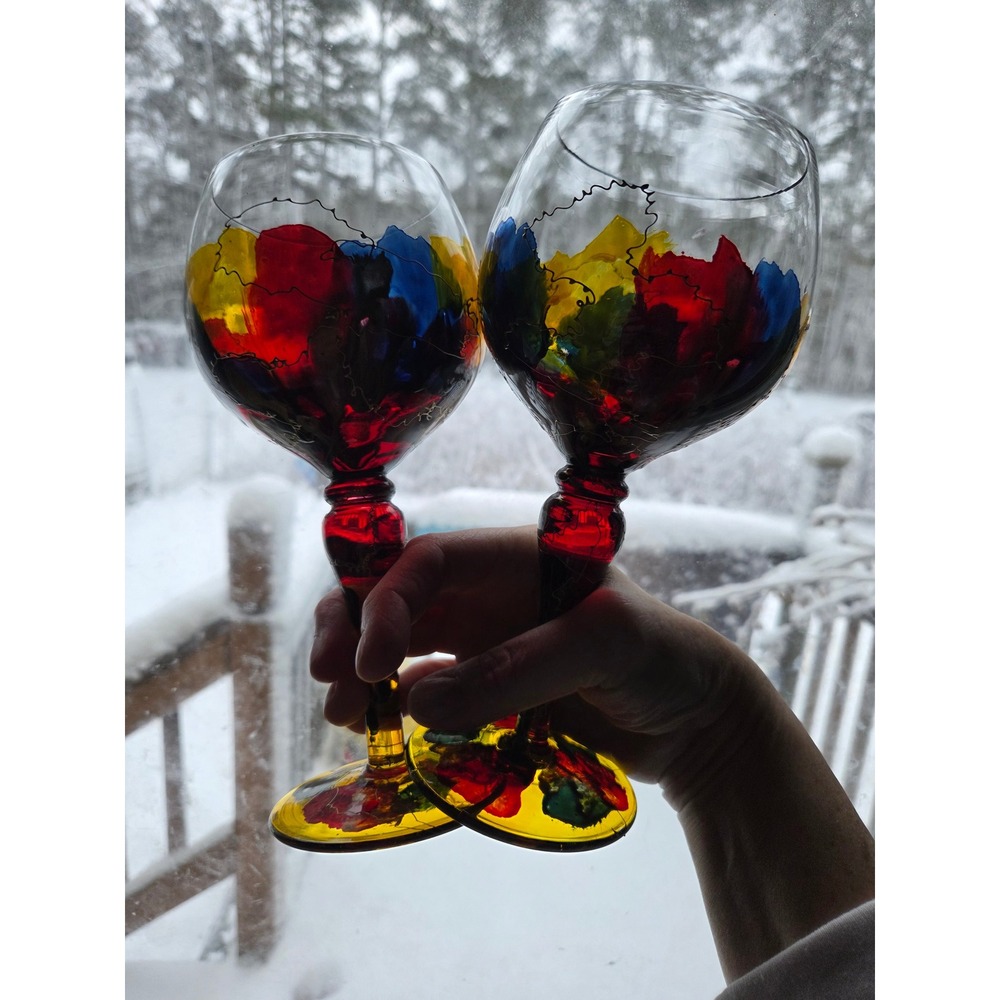 Euroglass‎ Stemware Hand Painted Abstract Wine Glasses Red Blue Yellow Gold Pair